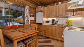 Fridge, microwave, cookware/dishes/utensils