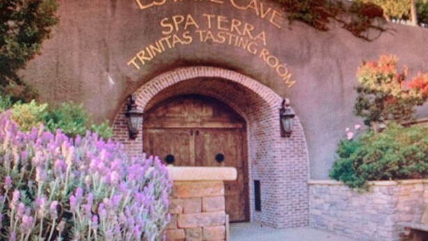 Ein Eingangsbereich zu einem Spa mit einem steinernen Bogen und dem Text "ESTATE CAVE SPA TERRAS TRINITAS TARTAS ROOM".