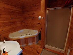 Baignoire, baignoire à jets, sèche-cheveux, serviettes fournies