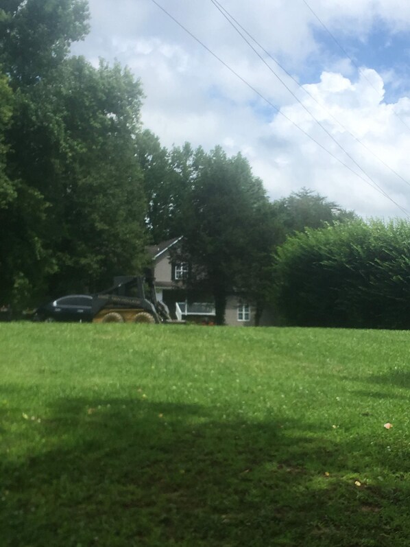 A grassy area with a lawnmower and a car.