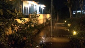 Vista nocturna de un edificio con una fuente iluminada al frente, rodeado de follaje.