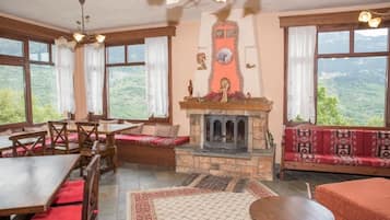 Flat-screen TV, fireplace