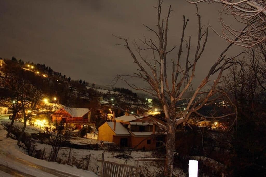Un pueblo cubierto de nieve de noche, con edificios iluminados y un árbol desnudo en primer plano.
