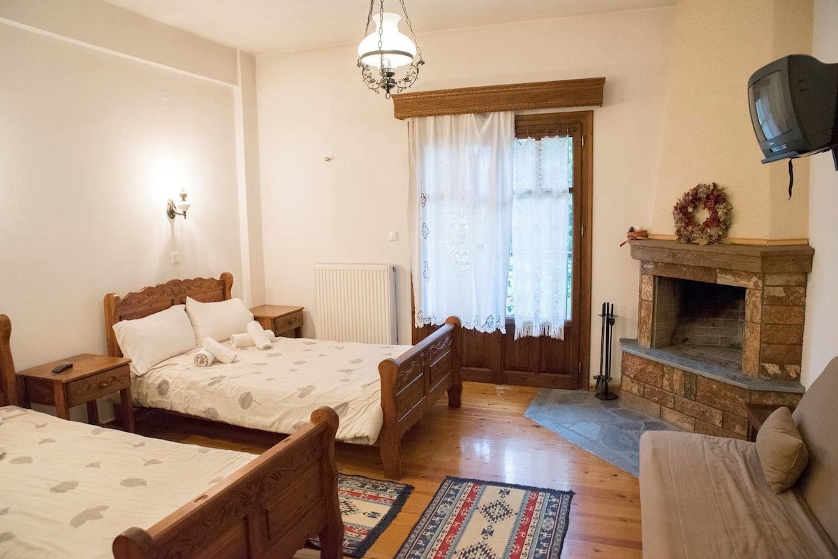 Un dormitorio acogedor con dos camas de madera, una chimenea y un televisor.