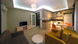 A modern apartment with a kitchen, dining area, and living room.