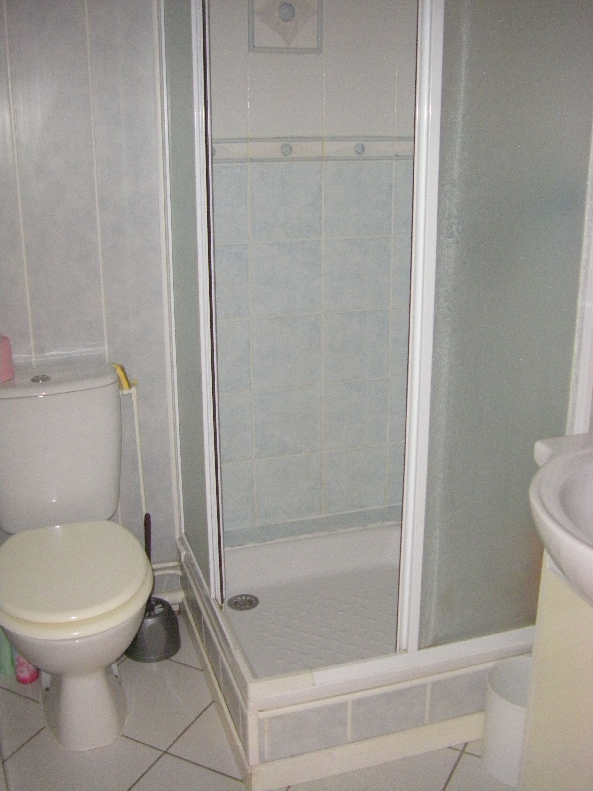 Et badeværelse med toilet, bruseniche og håndvask.