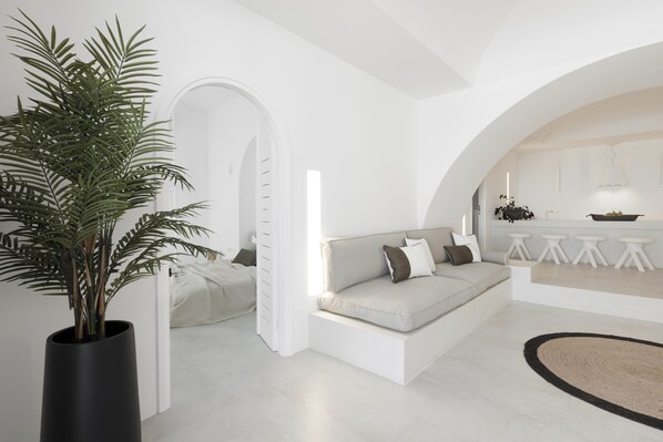 A modern living room with a sofa, a potted plant, and a kitchen area with bar stools.
