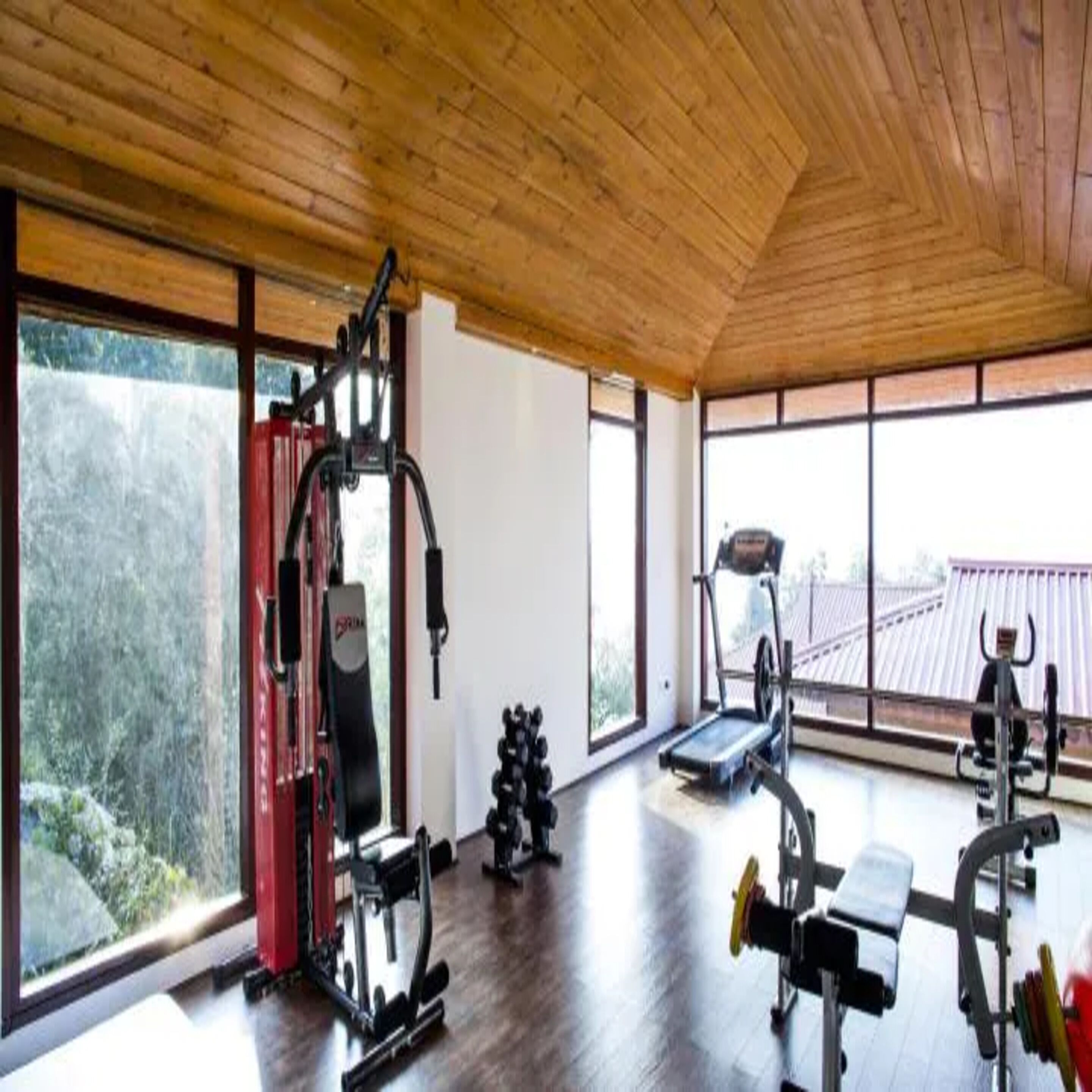 A gym with various exercise equipment, large windows, and a wooden ceiling.