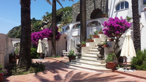 A courtyard with a stone staircase, potted plants, and outdoor seating.