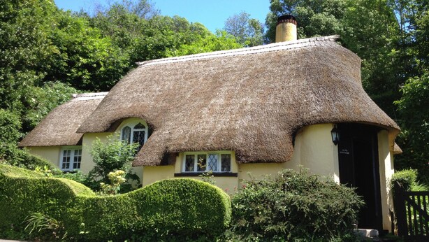 Een traditionele rieten cottage met een verzorgde tuin en een heldere lucht.