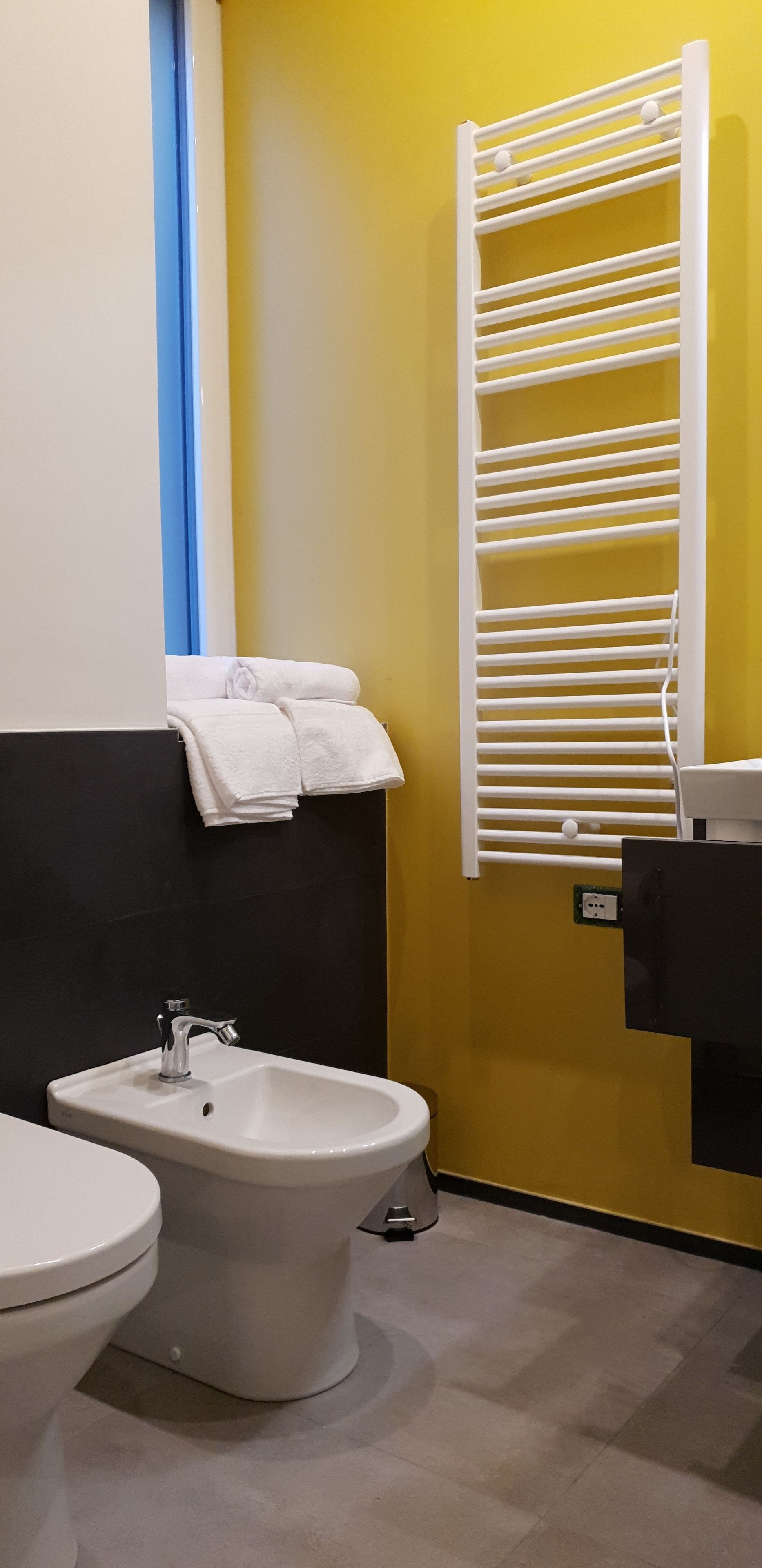 A bathroom with a bidet, a toilet, and a towel rack.