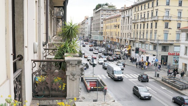 A balcony with potted plants and a view of a busy street with cars and pedestrians. - Milano Dreams (Milan)