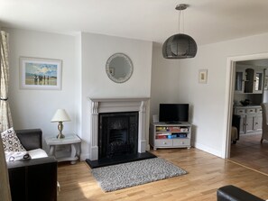 Smart TV, fireplace, DVD player, books