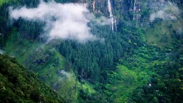 A mountainous landscape with a waterfall and dense forest.