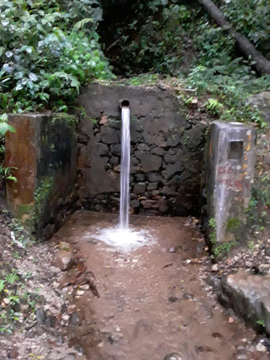 Ein kleiner Wasserfall inmitten einer naturnahen Landschaft mit Steinmauern und viel Grün.