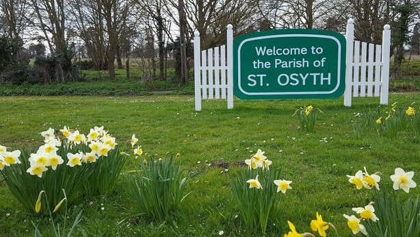 A sign welcoming visitors to the Parish of St. Osyth, surrounded by a grassy field with daffodils.
