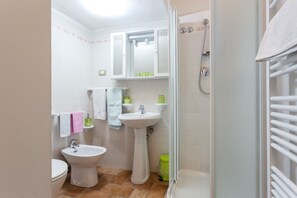 Een douche, een haardroger, een bidet, handdoeken