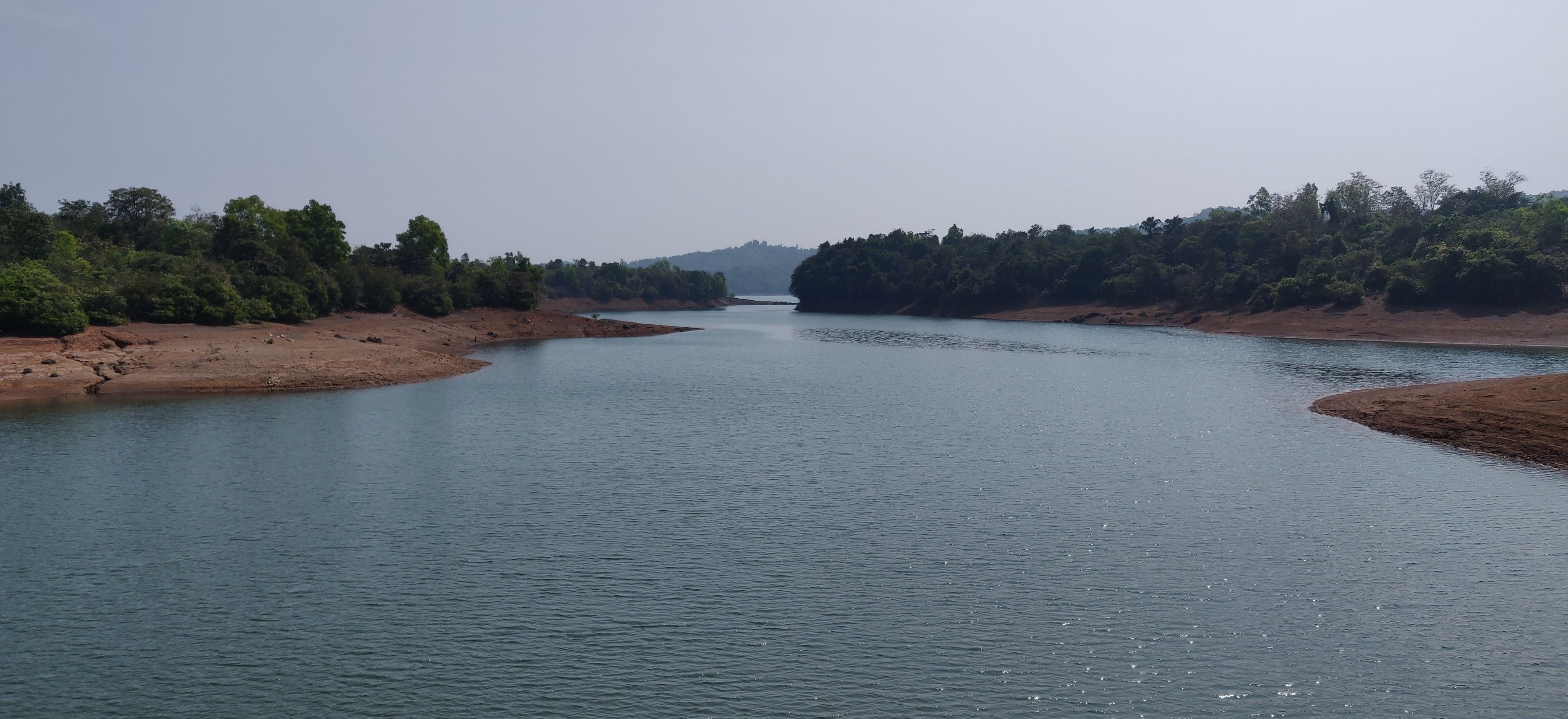 Une rivière aux rives sablonneuses, bordée de chaque côté par une végétation dense.
