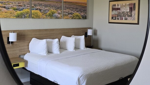 A bedroom with a bed, a nightstand, a wall-mounted lamp, a painting of a sunset, and a framed artwork.