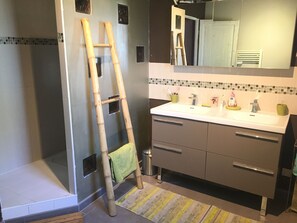 Combined shower/bathtub, hair dryer, towels