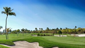 A golf course with sand bunkers, green fairways, and palm trees. - Vidanta, 5 Diamond Resort 1Br 1 1/2 Ba + golf 2 for 1 massages (Nuevo Vallarta)