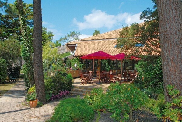 An outdoor patio with red umbrellas, surrounded by lush greenery and trees.
