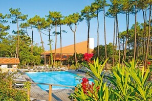 A pool area with lounge chairs, a wooden deck, and tall trees.