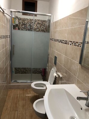 Shower, free toiletries, hair dryer, bidet