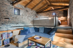 Smart TV, chimenea, libros, estéreo