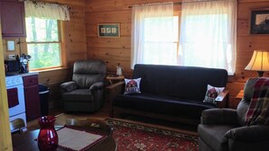 A cozy cabin interior with a wooden interior, a sofa, a chair, a lamp, and a rug. - Bleidt's Buck Cabin (Cadiz)