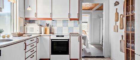 Fridge, stovetop, dishwasher, coffee/tea maker