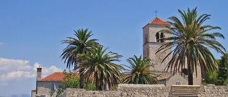 A historic stone building with a bell tower, palm trees, and a coastal backdrop.