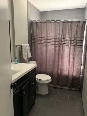 Combined shower/tub, hair dryer, towels