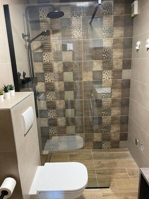 Shower, hair dryer, towels