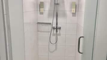 Shower, rainfall showerhead, hair dryer, toilet paper