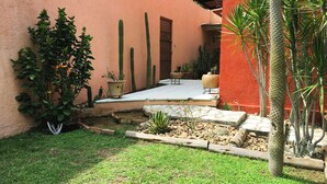 A courtyard with a small seating area, a cactus garden, and a potted plant. - La Casita del Abuelo, beautiful Oaxaca typical house  (San Felipe del Agua)