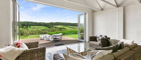 Smart TV, fireplace, DVD player, stereo