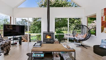 Smart TV, fireplace, DVD player, stereo