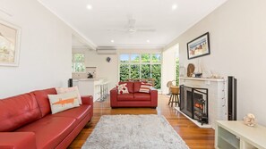 Smart TV, fireplace, DVD player, books