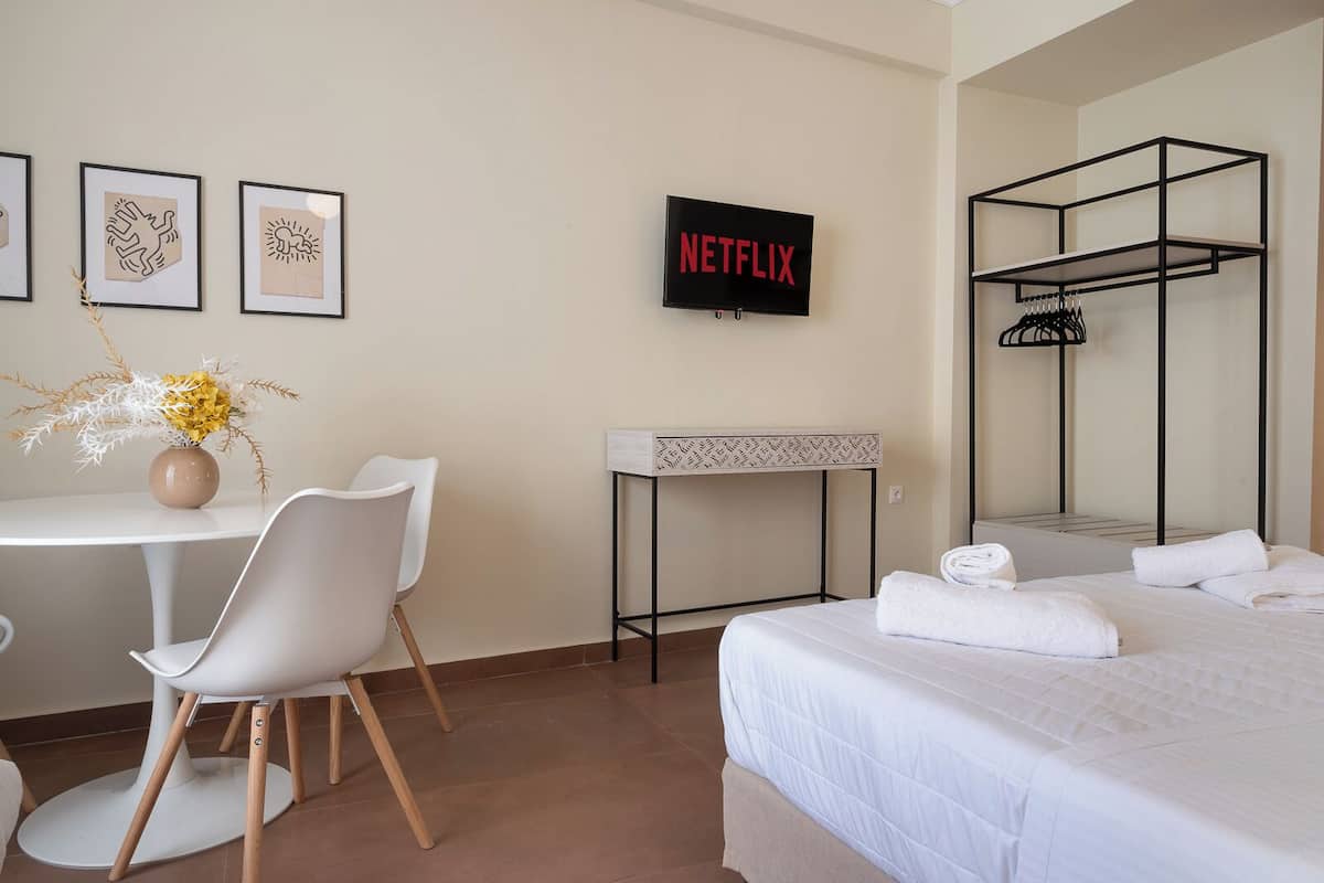 A hotel room with a bed, a desk with a chair, a TV displaying 'NETFLIX', and a wall-mounted rack for hanging clothes.