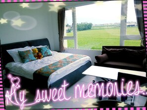 Premium bedding, desk, laptop workspace, blackout curtains