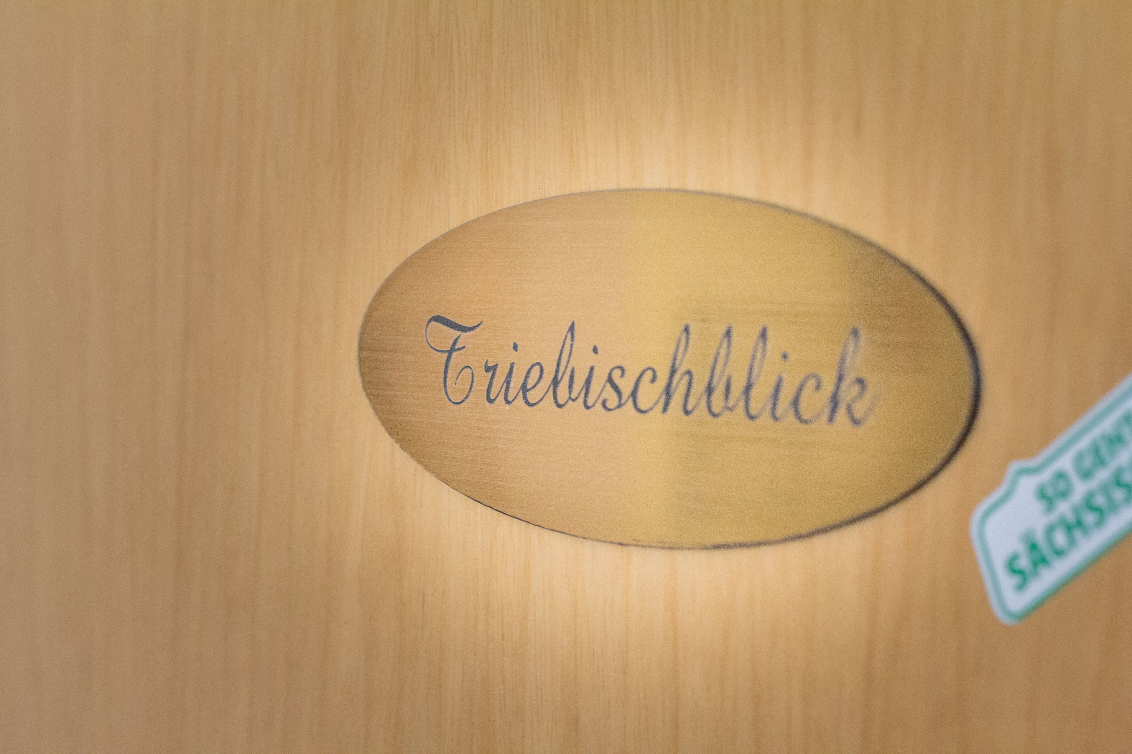 Un letrero de madera con el texto 'Triebuschblick' y una pequeña pegatina con texto.