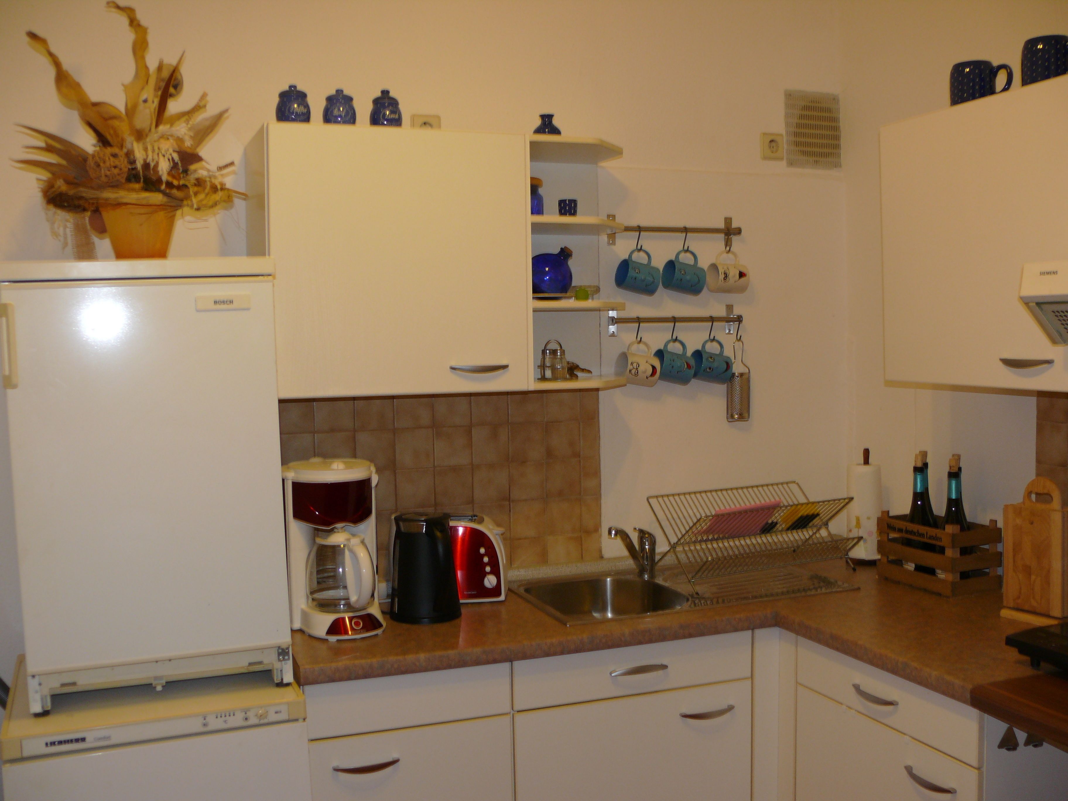 A kitchen with a Bosch refrigerator, a coffee maker, a toaster, and a sink.