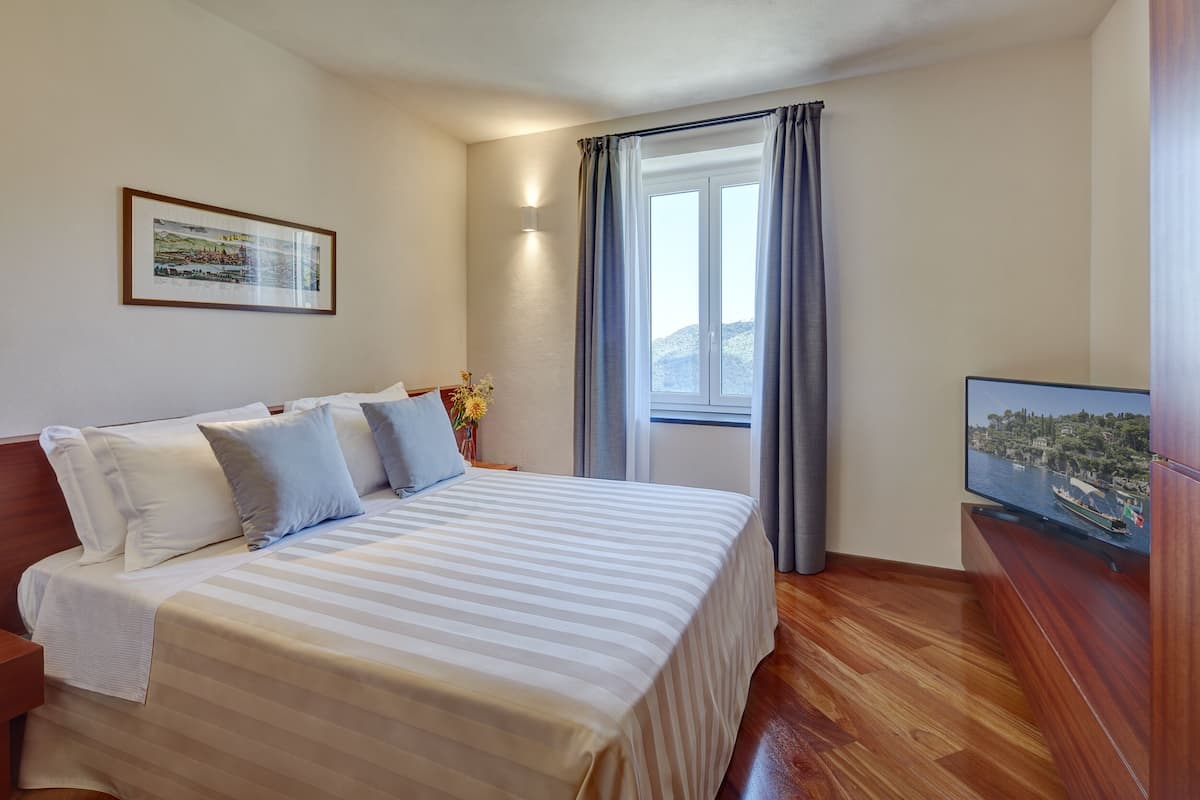 Habitación de hotel con cama, televisor, ventana con cortinas e imagen enmarcada en la pared.