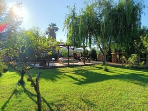 A well-maintained garden with a wooden pergola, a small pond, and various trees. - The country-side Walnut (Alghero)