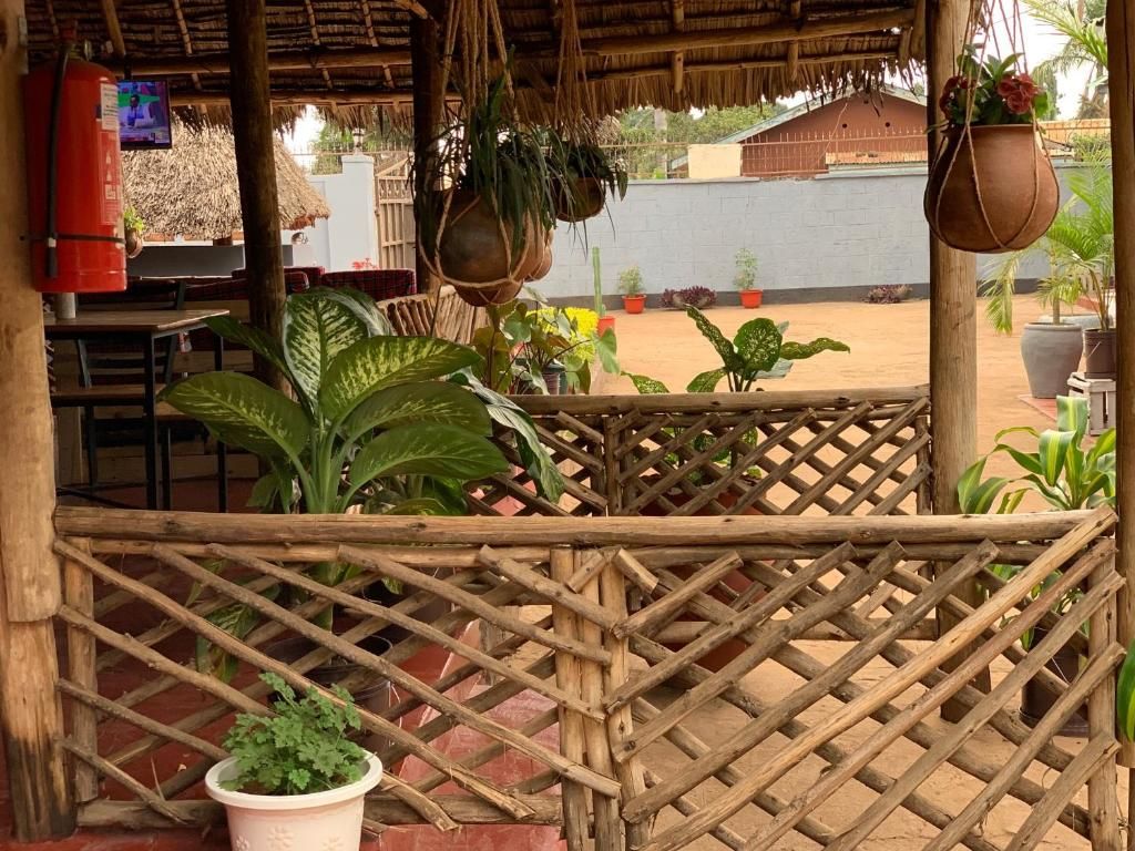 Un espacio exterior cubierto con cercado de madera lattice, plantas en macetas y un extintor.