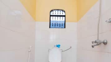 Shower, free toiletries, towels, soap
