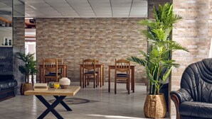 A modern living room with a brick wall, a leather sofa, wooden chairs, a coffee table, and potted plants.