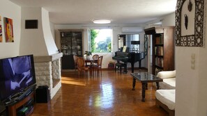 TV connectée, cheminée, jeux vidéo, lecteur de DVD