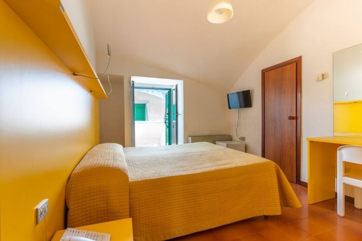 A bedroom with a bed, a desk, a chair, a television, and a door.